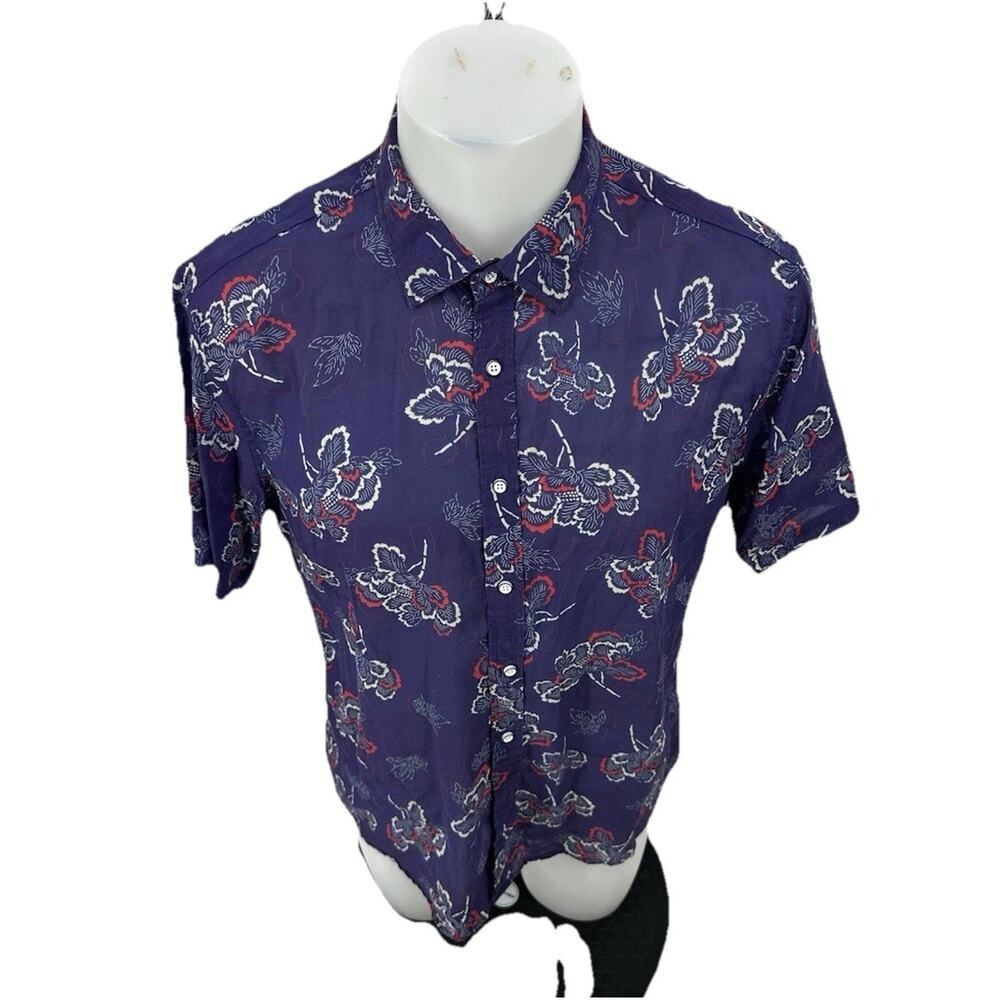 Postmarc Large Men Ink Blue Floral Tencel/Linen Short Sleeve Woven Shirt PR3